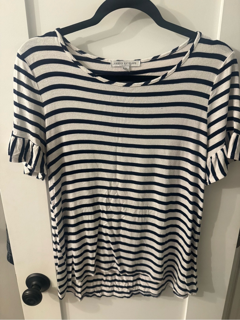Green Envelope Navy and White Striped Ruffle Sleeve Tee Medium